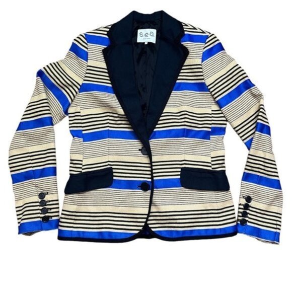 Sea New York Blue Tan Striped Blazer Women Size‎ 2 - Picture 1 of 7